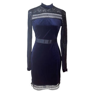 Romeo & Juliet Couture Blue Velvet Black Lace Mini Dress Small